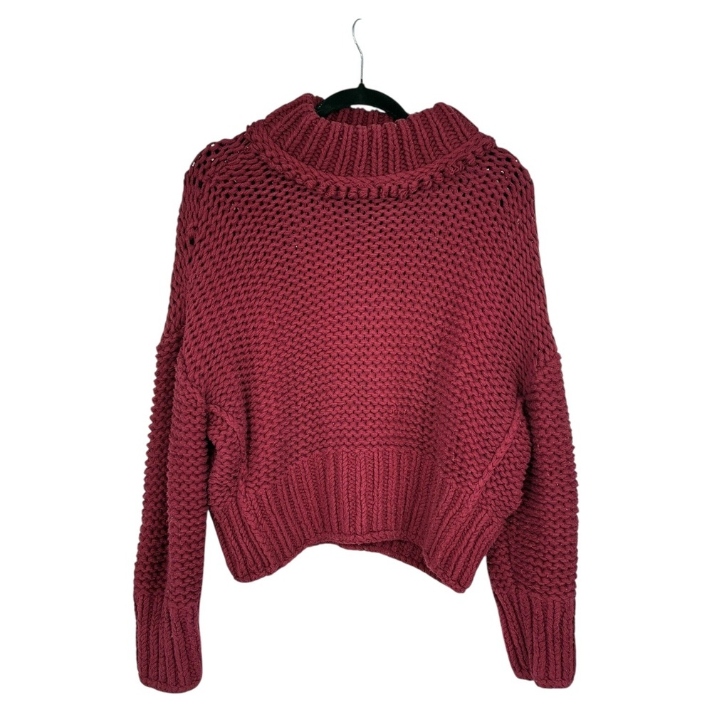 Free People‎ Chunky Knit Sweater Cropped Mock Neck Burgundy Womens S
